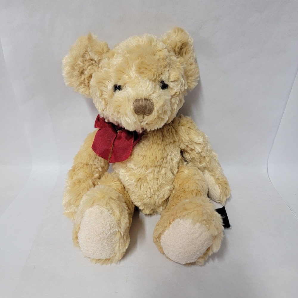 Russ Berrie‎ Spencer Teddy Bear Tan Shaggy Plush Burgundy Bow 11 inch